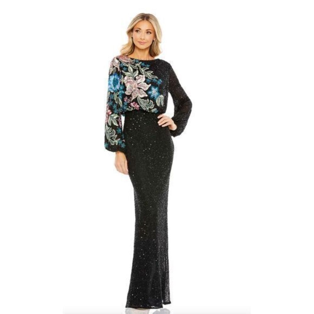 Mac Duggal 5615 Embellished Multi Color Floral High Neck Black Gown Size 4 - Picture 6 of 16